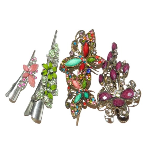 Set of 4 Large Vintage Hair Clips With Floral And Butterfly Design Multicolor main image 4